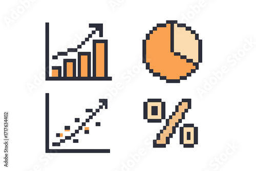 Pixel art chart icon set. 8-bit statistics, bar graph, pie chart, scatter plot, percent sign. Vector for business analytics, financial report, data analysis, infographic.