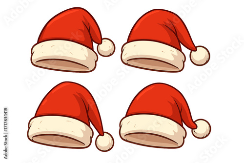 Set of red Santa hats. Christmas holiday cartoon vector illustration. Winter season festive accessory for Xmas party. Santa Claus traditional costume element collection isolated.