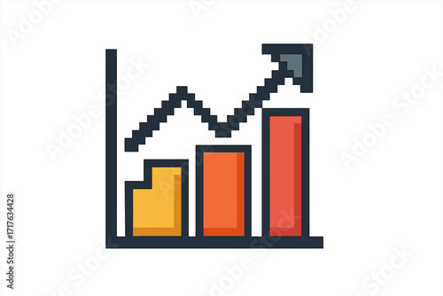 Pixel art graph icon. Business chart with arrow up. Concept of growth, success, data analysis. Financial statistics diagram for investment profit. Retro 8 bit vector logo.