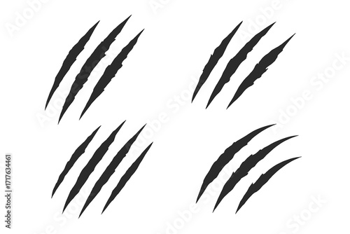 Claw scratches set. Animal claw marks. Tiger, bear, monster slash. Vector silhouette. Wild attack. Horror rip effect. Dangerous beast tear. Isolated illustration. Damage sign.