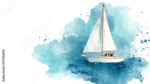A serene watercolor illustration of a sailboat navigating calm waters, surrounded by soft blue splashes, evoking a sense of tranquility and adventure.