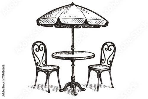 Hand-drawn sketch of a Parisian street cafe scene. Vintage bistro table with two chairs and an umbrella. Retro European outdoor restaurant furniture vector illustration for design.