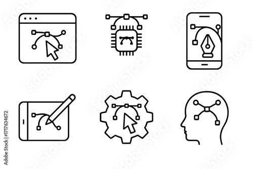 Vector graphic design icon set. AI technology line icons for digital drawing, creative process, pen tool, Bézier curve, software automation and artificial intelligence concepts.