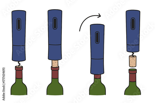 Electric wine opener instructions vector illustration. Step-by-step guide for using an automatic corkscrew to uncork a bottle. Kitchen gadget and bar tool infographic set.