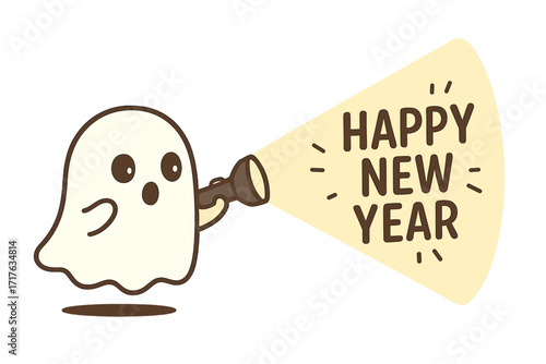 Cute ghost holding a flashlight with a Happy New Year message. Funny cartoon phantom for holiday party invitations. Adorable spirit character for festive greeting card vector.