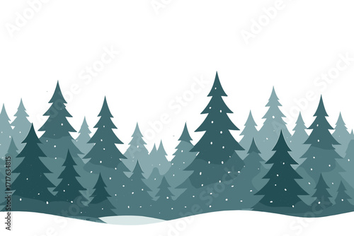 Christmas winter forest landscape background with snow. Minimal vector design with pine tree woods. Winter wonderland scenery illustration for holiday greeting card or banner.