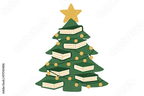 Christmas stories creative metaphor. Green Xmas tree made from books, decorated with a garland and star. Love reading concept for bookworms. Holiday symbol for education or library.