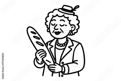 Chic senior woman in Paris holding a fresh baguette. Stylish french grandmother lifestyle concept. Elegant old lady enjoying food. Hand drawn black and white vector cartoon.