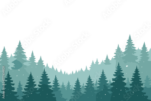 Winter forest landscape. Christmas background with snow. Pine tree silhouette. Minimal vector design. Misty nature scene. Foggy woods illustration. Holiday backdrop concept.