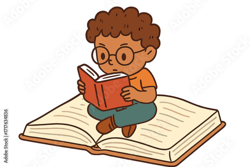 Focused little bookworm, a black boy with glasses, reads on a giant open book. Concept for education, literature, imagination, and learning. Cartoon student character.