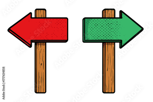 Success vs failure concept. Comic signposts with halftone effect. Choice between right and wrong way. Red and green arrows pointing in opposite directions. Pop art vector design.