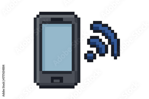 Pixel art smartphone with wifi signal. 8-bit mobile phone icon for retro gaming. Vector illustration of a cellphone with a wireless internet connection symbol. Tech concept.