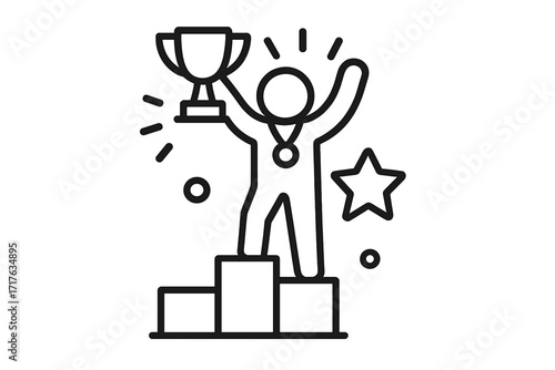 Winner icon on podium with trophy. Champion celebrating success. First place achievement. Leadership and victory concept. Competition and goal attainment vector illustration.