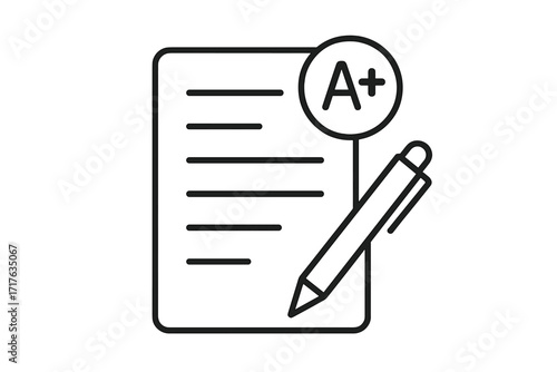 Exam grade success with best score A plus. Thin line icon of test paper and pen. Vector for education, school report, checklist, survey, great result, and achievement.