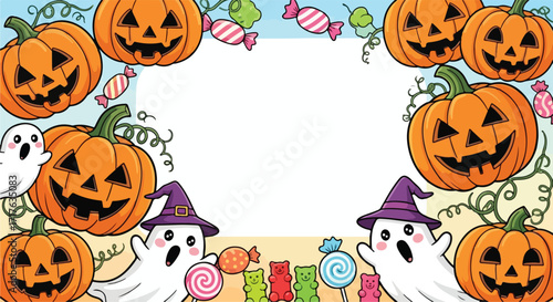 Cartoon halloween frame with pumpkins ghosts and candy in a playful and colOURful design style