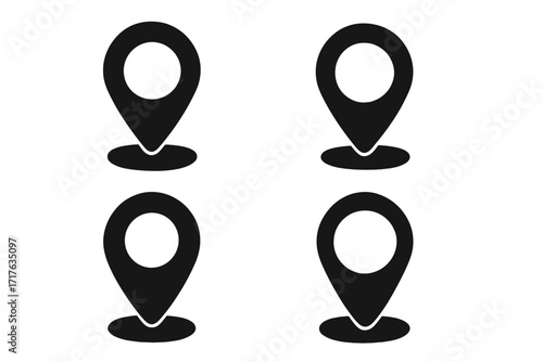 Black map pointer icons set in silhouette style, vector cartoon illustration with transparent background, GPS location markers, navigation symbols, digital map pins, geo markers collection