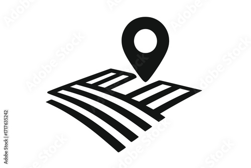 Land plot location pin. GPS navigation for agriculture or real estate property. Geotag on a field map for farming or surveying. Cadastral plan with position marker.