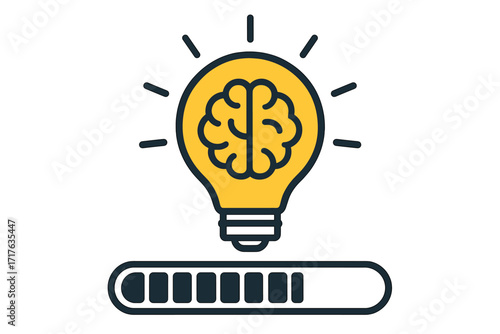 Idea loading concept with brain in lightbulb and progress bar. Creativity, innovation, and thinking process metaphor. Brainstorming, inspiration, and solution finding almost complete.