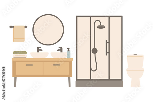 Modern bathroom furniture set. Vector interior design. Home decor elements. Shower cabin, toilet, double sink vanity, mirror, towel. Hygiene and sanitation concept. Flat icon.