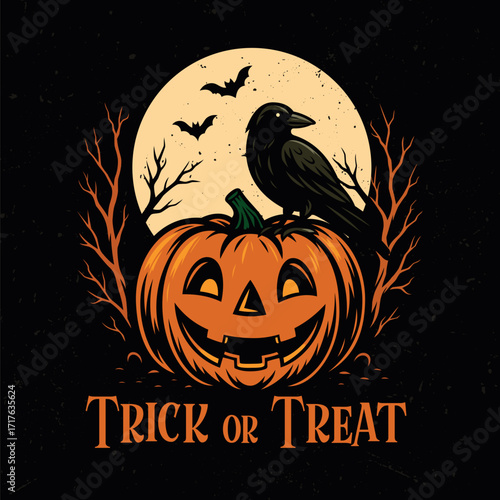 Spooky halloween vector illustration featuring a smiling pumpkin. Tee design for printing. Good for poster, wallpaper, t-shirt, gift.