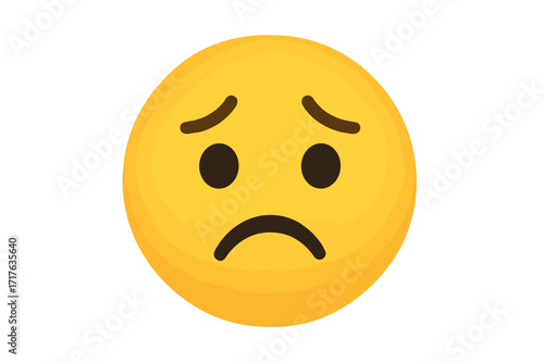 Sad emoticon vector. Frowning face emoji expressing regret, sorrow, disappointment. Unhappy smiley icon. Concept for bad mood, depression, negative feelings. 3D render.