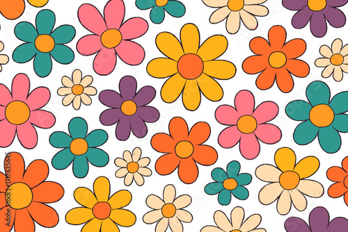 Groovy seamless pattern with colorful hippy flowers. 70s retro floral background. Vintage daisy texture. Nostalgia print. Hippie chamomile abstract vector for fabric print.