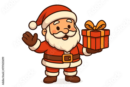 Cute Santa Claus Cartoon Character Holding Gift Box, Christmas Vector Illustration, Festive Holiday Icon with Santa Hat, Beard, and Red Suit, Winter Celebration Design