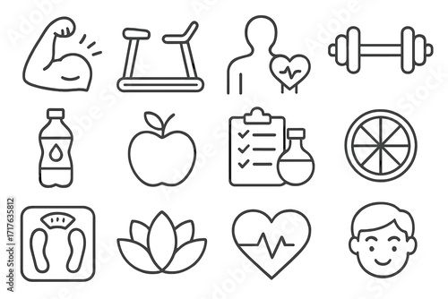 Health and fitness line icon set. Icons for gym, workout, nutrition, diet and healthy lifestyle. Vector symbols for sport, wellbeing, weight loss and medical checkup.