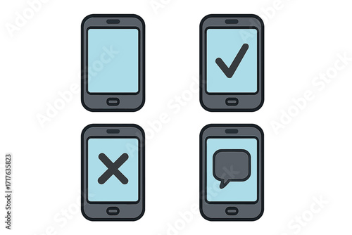 Smart phone icons set, flat style cartoon vector illustration with transparent background, mobile device symbols, check mark, cross, chat bubble, user interface, technology communication