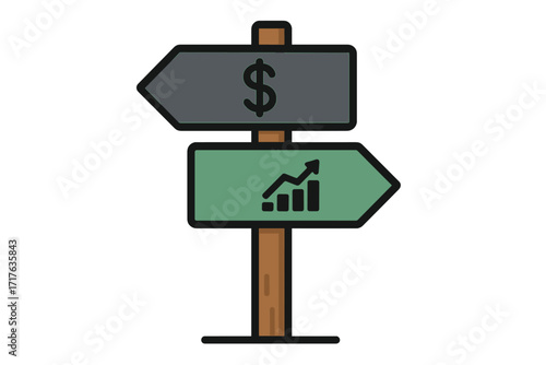 Costs vs profits signpost. Business financial decision concept. Choice between expense and income growth. Financial strategy, investment path. Money management analysis vector.