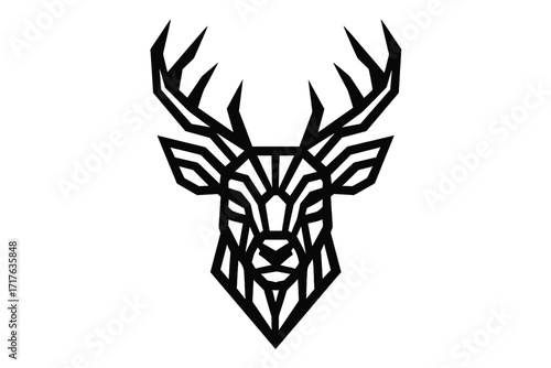 Geometric deer head logo. Abstract polygonal stag icon. Minimalist wildlife animal vector for branding. Modern hunting symbol or tattoo design. Noble forest creature emblem.