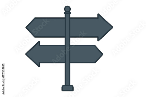 Signpost with two arrows pointing opposite directions. Concept of choice, decision making, dilemma, and strategy. Future and past, crossroads, options, wayfinding vector icon.