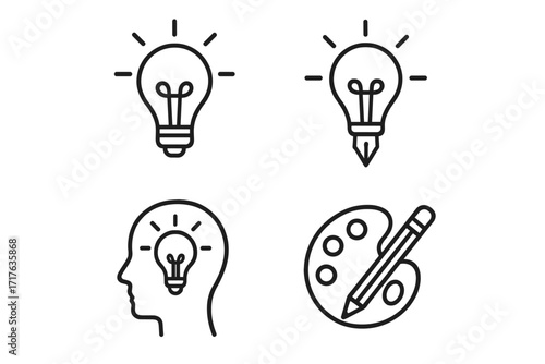Creative idea icon set. Lightbulb, thinking head, art palette. Vector line art concept for innovation, inspiration, brainstorming, solution, design process and creativity.