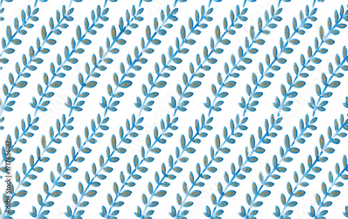 Watercolor botanical pattern with delicate blue-green leaves on a white background, perfect for textiles and surface design