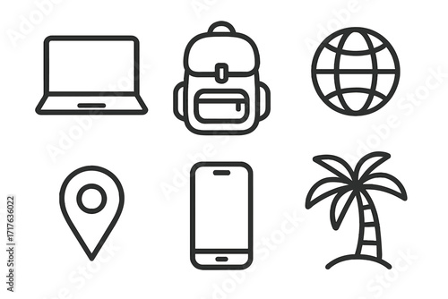 Minimal travel icon set for digital nomads and vacation planning. Vector line art with laptop, backpack, globe, map pin, smartphone, and palm tree for remote work.