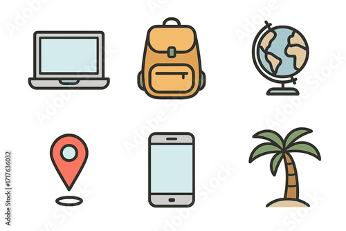 Vector cartoon icon set for travel and digital nomad lifestyle. Includes laptop, backpack, globe, map pin, smartphone, palm tree. Remote work, vacation, and tourism symbols.