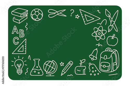 Back to School background frame with doodle icons. Education concept on green blackboard. Vector of school supplies for learning, study, science, art. First day of school.
