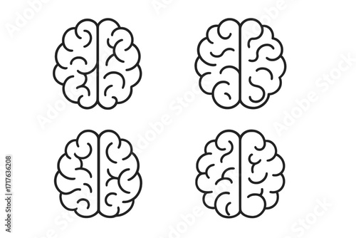 Brain icon vector line art set. Symbol for intelligence, creativity, mind, thinking, idea, psychology, learning, knowledge, science, neurology, and mental health concept.