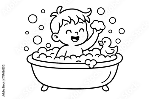Child bath time vector outline. Cute happy boy in bathtub. Kid washing with soap foam bubbles and a rubber duck toy. Hygiene concept. Cartoon illustration for coloring book page.