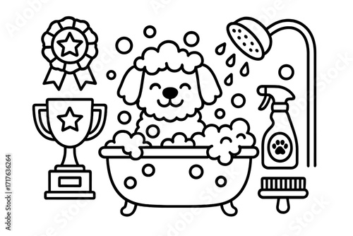 Dog grooming vector icon set. Cute cartoon poodle in bath with foam, shower, shampoo. Pet care salon concept with champion trophy and award ribbon. Line art illustration.