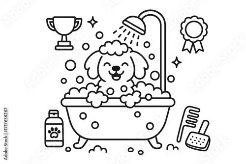 Dog grooming vector icon set. Cute cartoon poodle bathing in a tub with shampoo and bubbles. Pet care, salon, hygiene concepts. Includes brush, comb, trophy, and award ribbon line art.