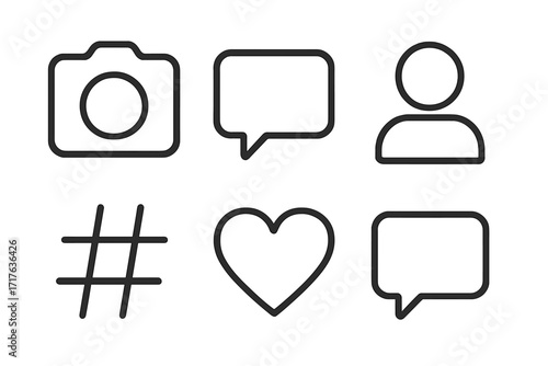 Social media icon set. Like, comment, follow, share. User interface symbols. Minimalist outline vector signs. Camera, heart, chat bubble, hashtag, profile icons.