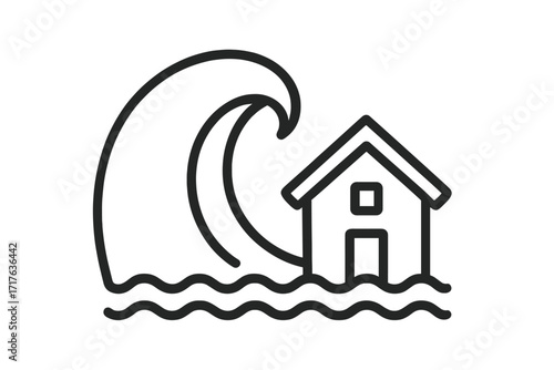 Linear style tsunami wave icon with house flood damage risk, natural disaster vector illustration, storm surge and water flood safety concept, transparent background