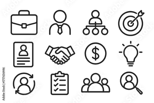 Business line icon set. Human resources management. Career and corporate finance icons. Strategy, goal, teamwork, recruitment, idea, handshake. Employee, resume, money, target.