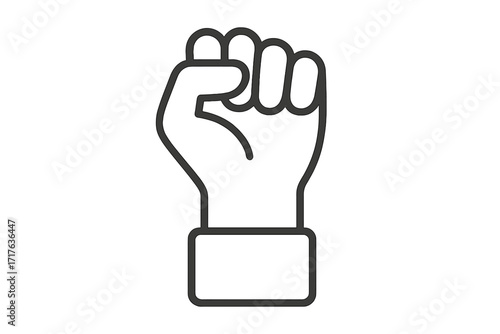 Raised fist vector icon for protest and empowerment. Thin line illustration symbolizing solidarity, activism, social justice, resistance, revolution, strength, and human rights.