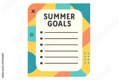 Summer goals empty list vector template. To-do list planner sheet with copy space. Holiday resolutions checklist mockup. Organizer with colorful trendy geometric background.