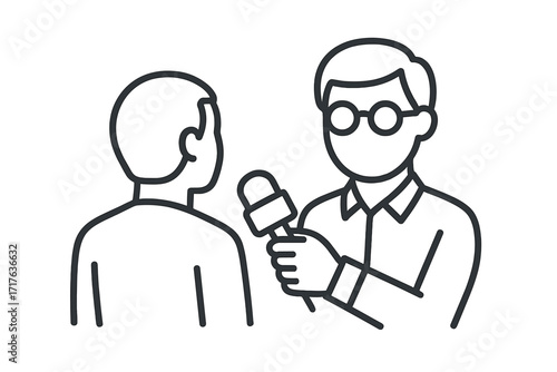 Journalist interview icon. Reporter with microphone live broadcasting. Press media news report. Thin line vector illustration. Man asking question. Public opinion poll concept.
