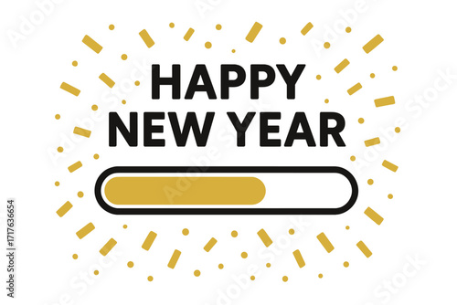 Happy New Year loading bar concept. New year's eve countdown with progress bar and golden confetti. Waiting for the future celebration party vector illustration design element.