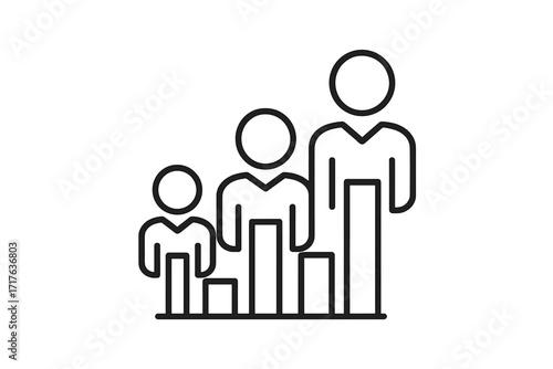 Performance ranking vector icon with characters and comparative bar graph. Concept for business metrics, data analysis, career growth, hierarchy, progress, and user demographics.