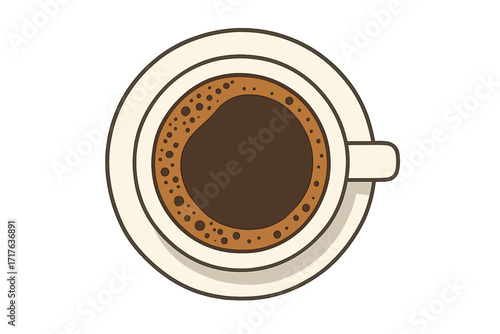 Top view of coffee cup vector illustration. Hot espresso, cappuccino or latte for breakfast. Morning caffeine drink icon for cafe menu. Isolated flat design graphic element.